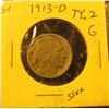 Image 2 : 1913 D Type II Buffalo Nickel, retains half of the Buffalo's horn, Good.