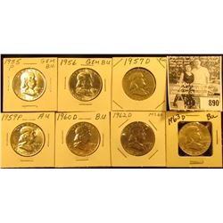 1955 P BU, 56 P BU, 57 D Fine, 59 P AU, 60 D AU, 62 D BU, & 63 D BU Franklin Half Dollars.