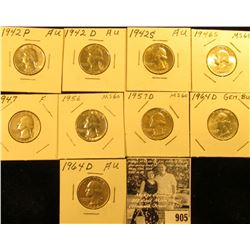 1942P EF, D AU, S AU, 46S BU, 47P Fine, 56P AU, 57D Unc, & (2) 1964 D BU Silver Washington Quarters.