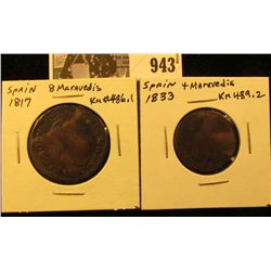 943 . Spain 1833 4 Maravedis; & 1817 8 Maravedis.