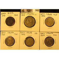 948 . Spain 2 Pesetas 1879 VG; 1893, 1900, 1903, & 1904 One Pesetas G-F; & 1878 5c, fine. (6 coins).