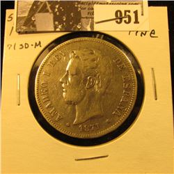 951 . 1871 SD-M Spain Silver Five Pesetas, Fine.