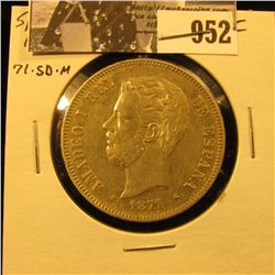 952 . 1871 SD-M Spain Silver Five Pesetas, EF.