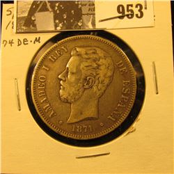 953 . 1871 DE-M Spain Silver Five Pesetas, F-VF.
