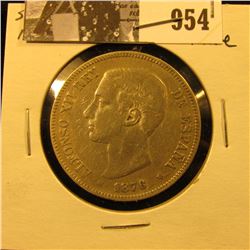 954 . 1876 DE-M Spain Silver Five Pesetas, Fine.