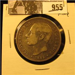 955 . 1885 MS-M Spain Silver Five Pesetas, Fine.