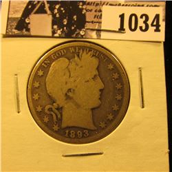 1034 . 1893 P U.S. Barber Half Dollar, Good.