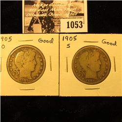 1053 . 1905 O & 1905 S U.S. Barber Half Dollars, Good.