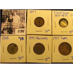 1198 . Low Grade Three Cent Silver Coin, Holed 1857 Flying Eagle Penny, Holed 1917 Type 1 Standing L