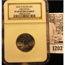 1203 . 2003-S Silver Arkansas Quarter Graded Proof 69 Ultra Cameo By NGC