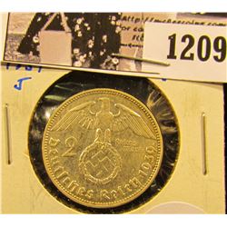 1209 . Beautiful High Grade Silver 2 Mark Coin From Germany.  Von Hindenburg Is On The Front And The