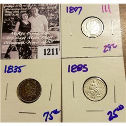 1211 . 1885 P Seated Dime, 1835 Holed And Plugged Bust Dime, & 1897 P Barber Dime