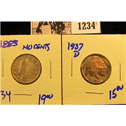 1234 . 1883 V Nickel With Cents &1937-D Buffalo Nickel