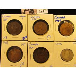 1247 . 1859 Canadian Large Cent, Narrow 9 Variety; 1907 Canadian Silver Quarter; 1902, 07, 11, & 19 