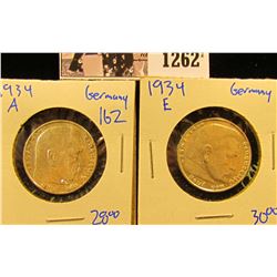 1262 . 1934-A And 1934-E Silver German 2 Mark Coins With Swastikas And Eagles On The Reverse