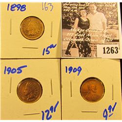 1263 . 1898 Indian Head Penny, 1905 Indian Head Penny, & 1909 Wheat Penny