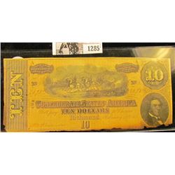 1285 . Ten Dollar Confederate States of America Civil War Note From Richmond, Virginia Dated Feb. 17