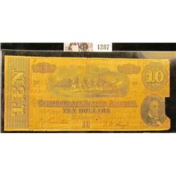 1287 . Ten Dollar Confederate States of America Civil War Note From Richmond, Virginia Dated Feb. 17