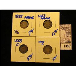 1395 . 1853 Half Dime With Arrows; 1899-O Barber Dime; 1858-O Holed Half Dime; & 1855 Seated Liberty