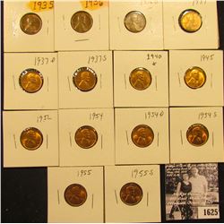1625 . 1935P, 36P, D, 37P, D, S, 40P, 45P, 52P, 54P, D, 55P & S Lincoln Cents all grading from Brown