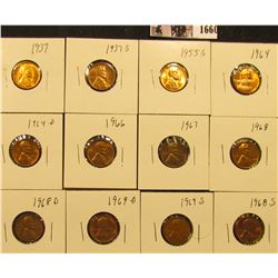 1660 . 1937P, S, 55S, 64P, D, 66P, 67P, 68P, D, S, 69D, & S Lincoln Cents all grading from Brown Unc