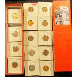 1721 . 9” Stock box with 2 x 2 carded Lincoln Cents dating from 1943-1986, lots of BU coins, 1954 S 
