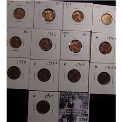 1754 . 1936S, 37P, 38D, 39P, 41S, 42P, D, 56D, 58P, D, 64P, D, & 69P Lincoln Cents grading Uncircula