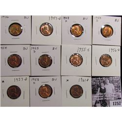 1757 . 1936P, 47D, 48D, 50D, 54P, 55D, S, 56D, 57D, 58D, & 61D Lincoln Cents grading Uncirculated to