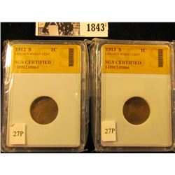 1843 . Pair of SGS Certified Lincoln Cents: 1912 S & 1913 S.