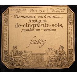 Lot 1852 FRENCH 1793 50 SOLS BANKNOTE FROM THE ASSIGNAT FRENCH REVOLUTION.