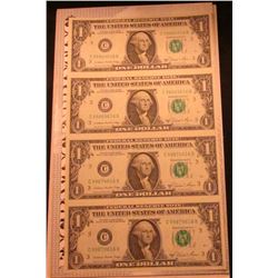 Series 1981 Four Note Uncut Sheet of $1.00 Federal Reserve Notes. Crisp Uncirculated.