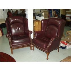 Pr Leather Upholstered Wing Back Chairs
