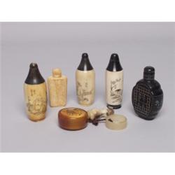 Six Various Snuff Bottles Bone, Wood & Lacquer
