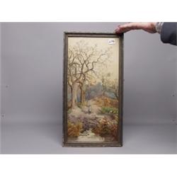 19th C. Watercolour Woodcutters in Landscape