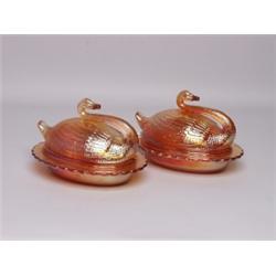 2 English Carnival Glass Marigold Swans