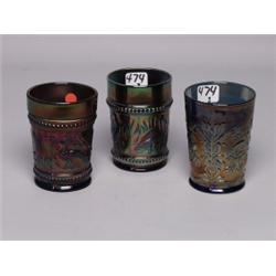 3 Northwood Carnival Glass Blue Tumblers