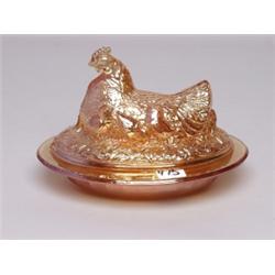 Marigold English Carnival Glass Hen Dish