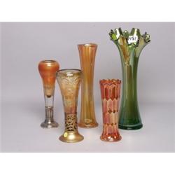5 Carnival Glass Vases 2 with Metal Bases