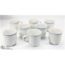 8PC STONEWARE CUPS - WHITE W/ BLUE RIMS.