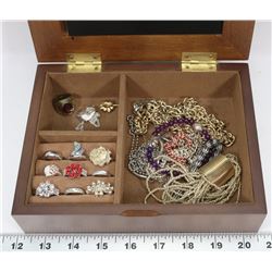 BROWN JEWELRY BOX W/ ESTATE FASHION JEWELRY