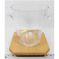 GLASS WINE/ICE BUCKET WITH WOOD LAZY SUSAN.