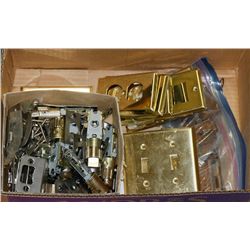 BOX OF BRASS HINGES AND SCREWS, BRASS ELECTRICAL