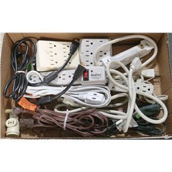 BOX W/HOUSEHOLD CORDS, POWER BARS,