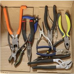 BOX OF VARIOUS PLIERS, CUTTERS, SNIPS, ETC.