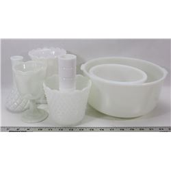 ESTATE BOX OF MILK GLASS , MIXING BOWLS AND MORE