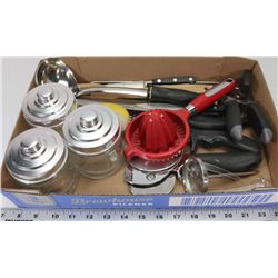 FLAT OF KITCHEN ITEMS, INCLUDES HENKEL KNIVES, PIZZA