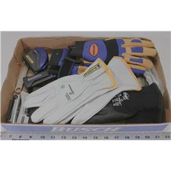 FLAT OF 4 NEW PAIRS OF WORK GLOVES, SAFETY GLASSES