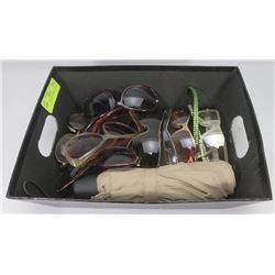 BASKET OF ESTATE SUNGLASSES & UMBRELLA