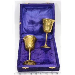 PAIR OF BRASS GOBLETS IN VELVET BOX