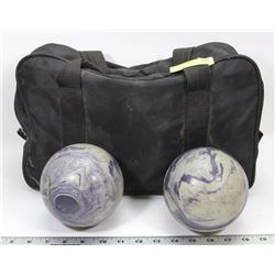 BOWLING BAG W/PAIR OF PURPLE 5 PIN BOWLING BALLS